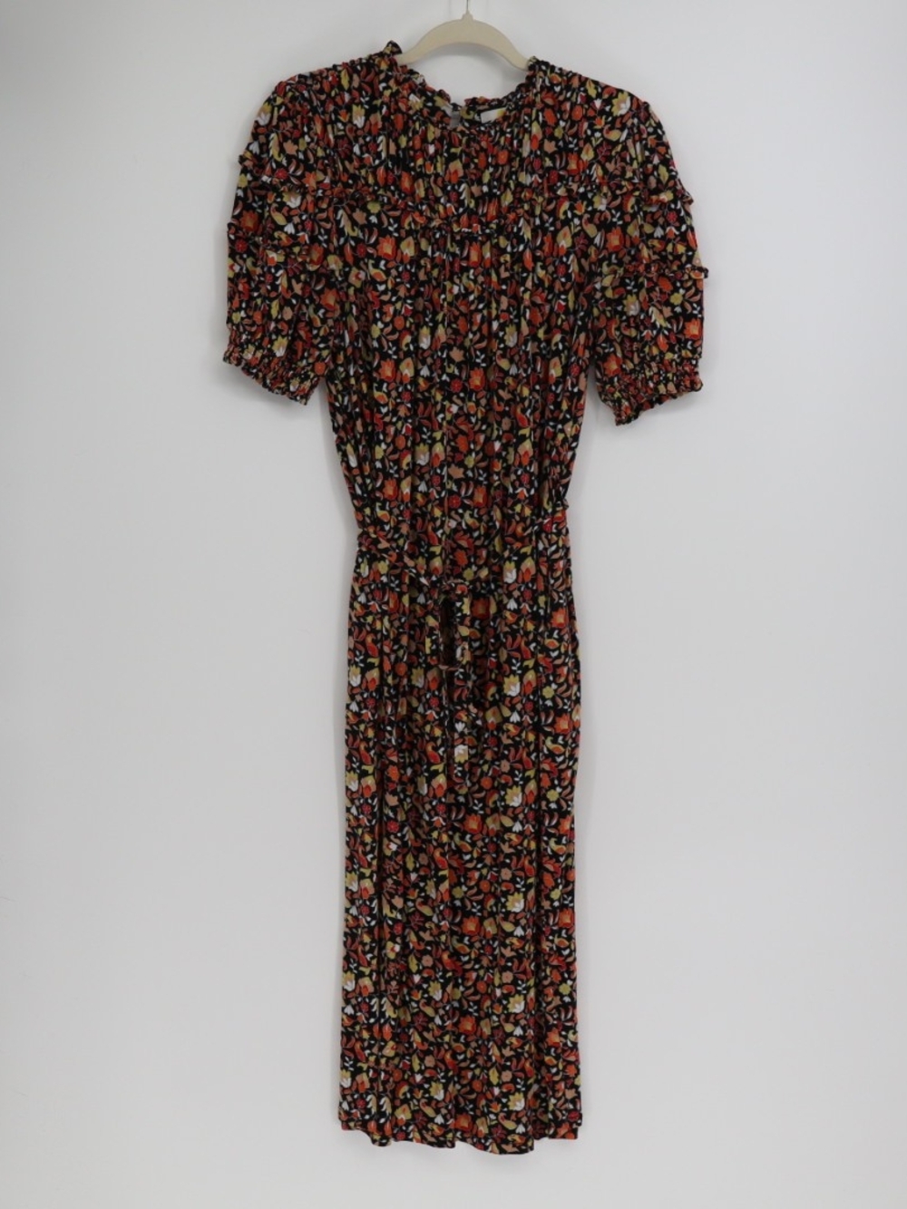 Boden Yoke Detail Women's Jersey Midi Dress 10R Black Floral Pockets Belt